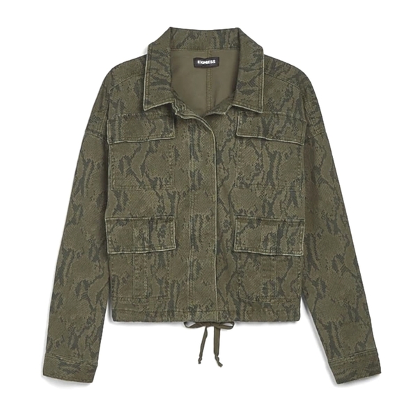 Express Boxy Denim Jacket in Snakeskin Print in Cami Green Size XL - Picture 1 of 12